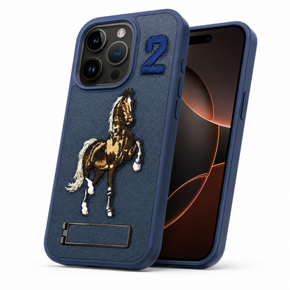 iPhone 16 Pro Max Blue Horse Design Protective Case with Stand

