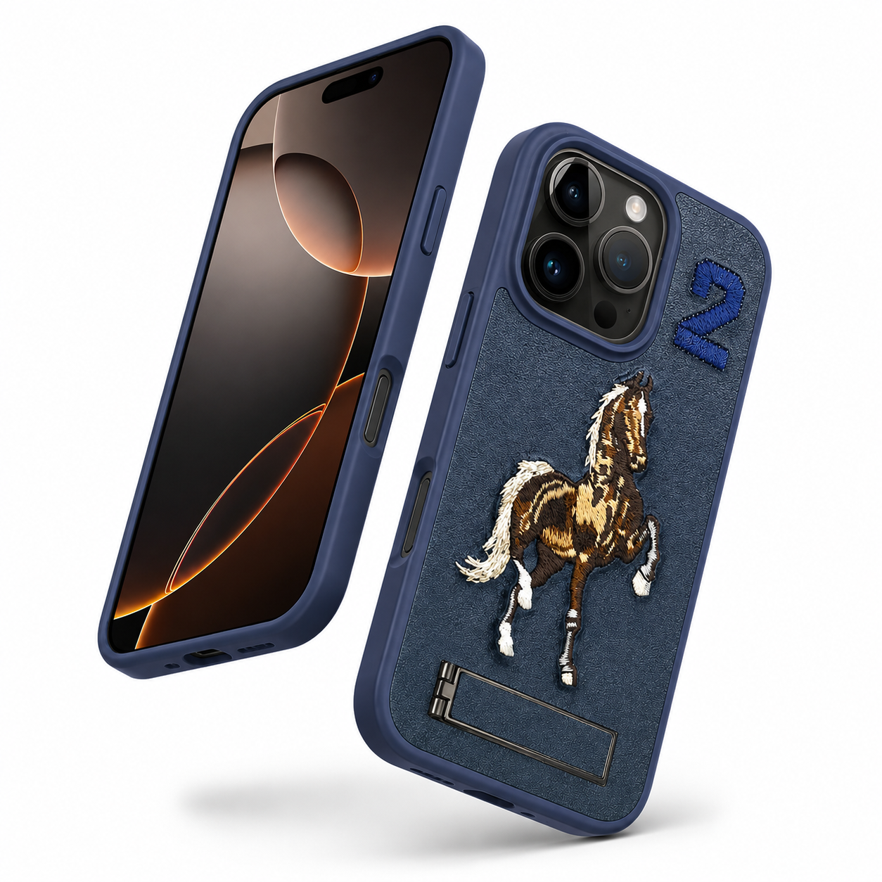 Protective Blue Horse Design Stand Cover for iPhone 16 Pro Max