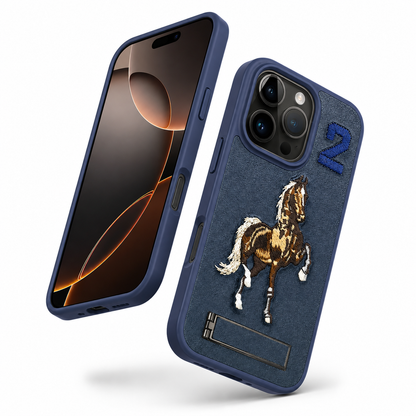 Protective Blue Horse Design Stand Cover for iPhone 16 Pro Max