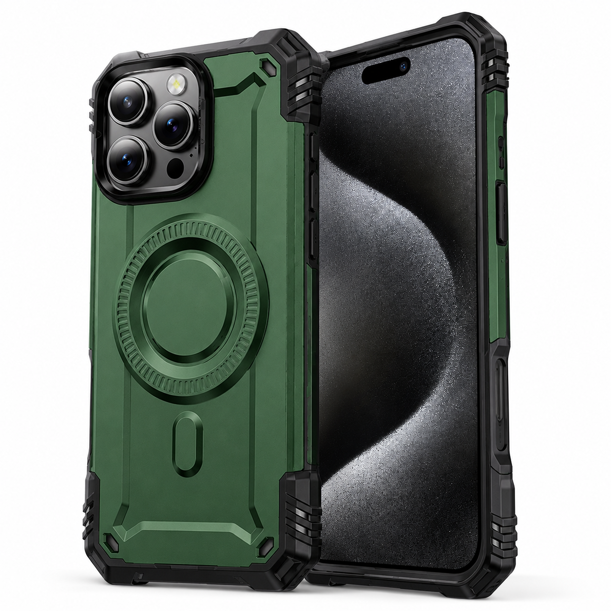 Green MagSafe phone case for iPhone 16 Pro Max with edge protection
