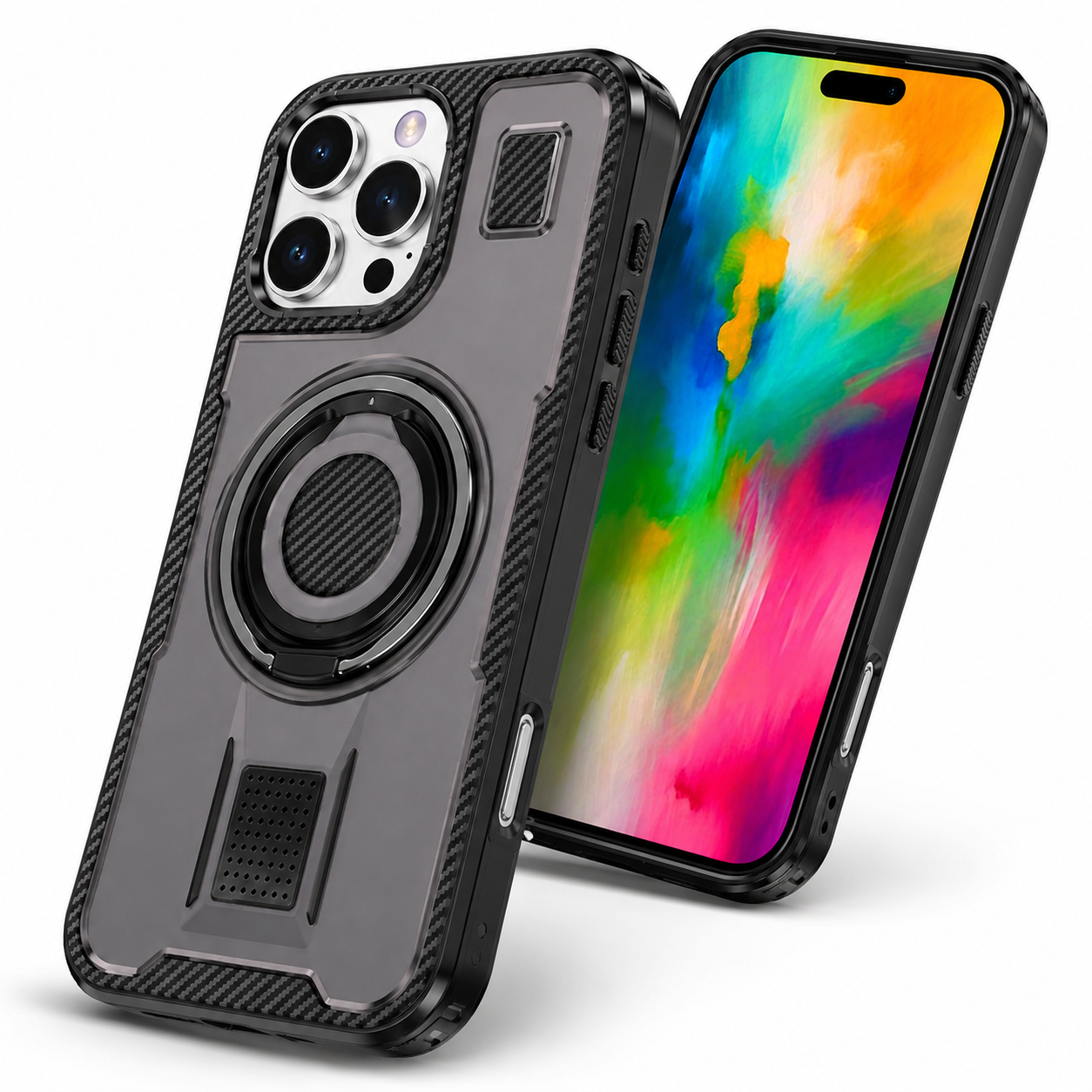 Grey Ring Grip Stand Case for Apple iPhone 16 Pro Max side view
