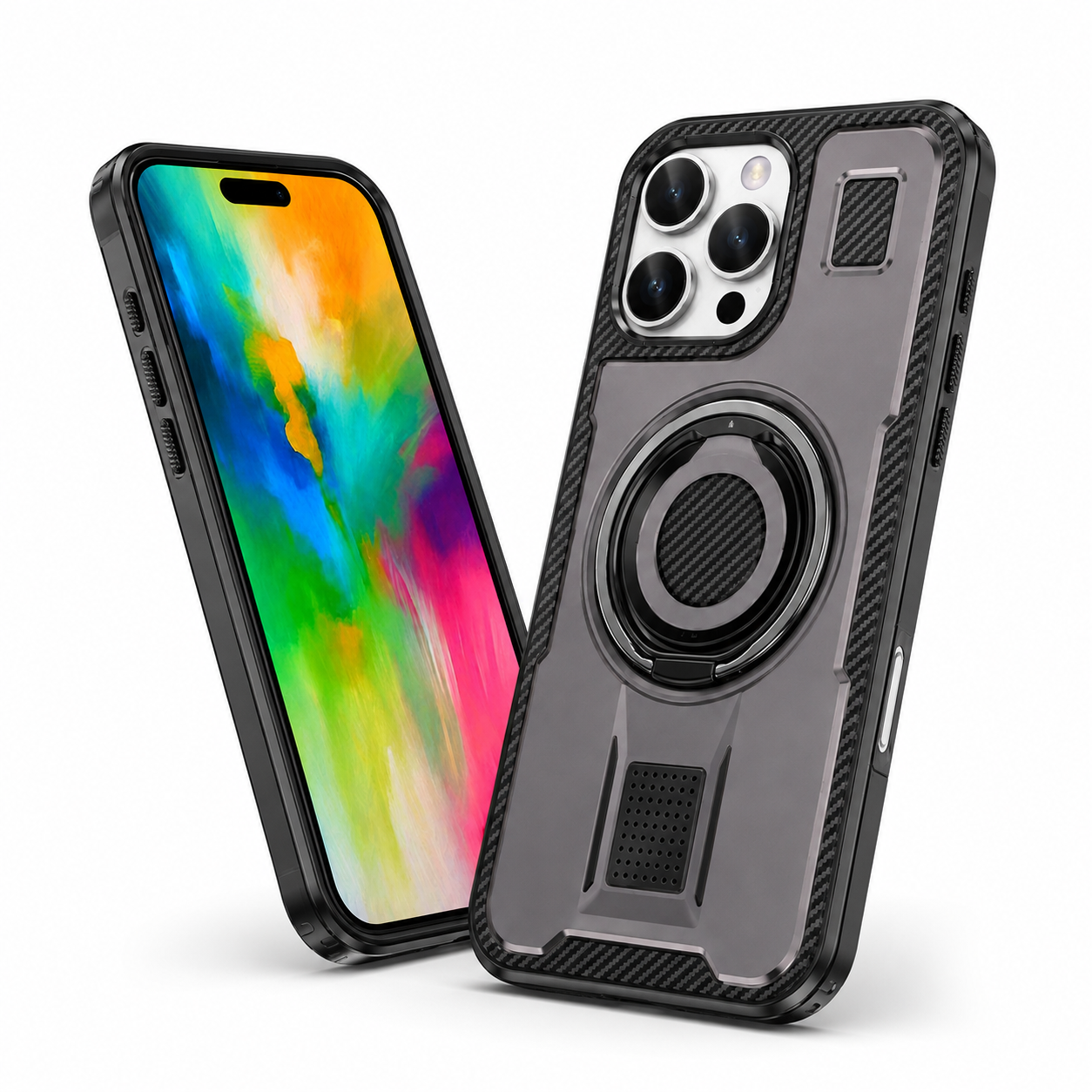 Grey phone case with ring holder stand for iPhone 16 Pro Max
