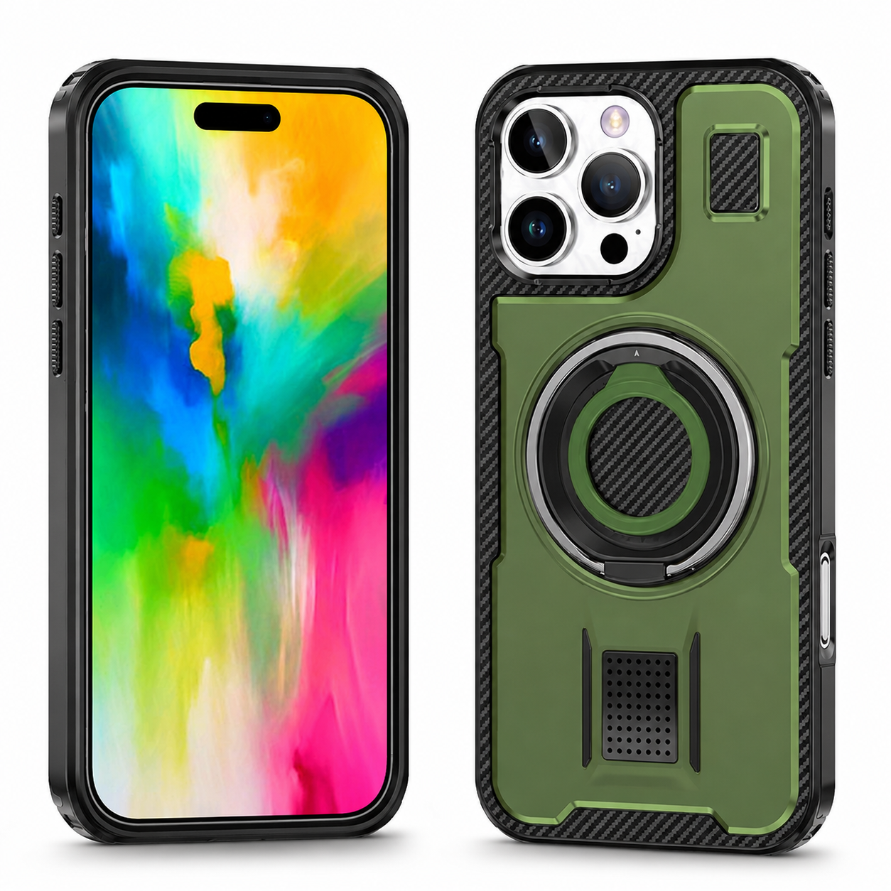 Green protective ring stand case for Apple iPhone 16 Pro Max