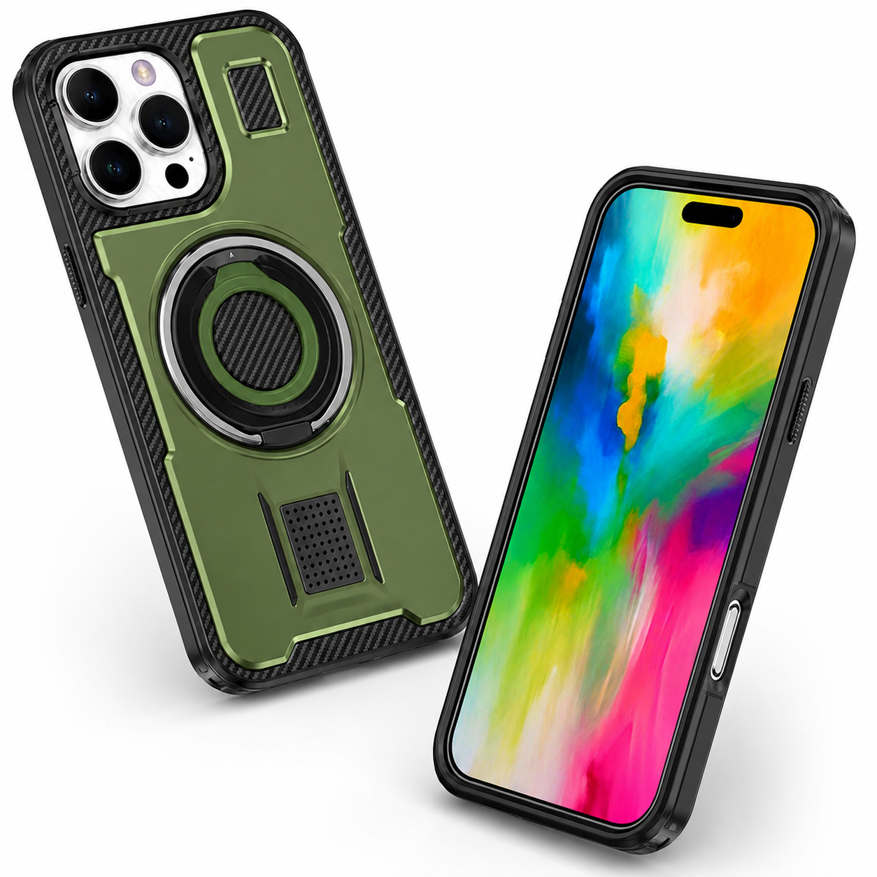 Green phone case with ring holder stand for iPhone 16 Pro Max
