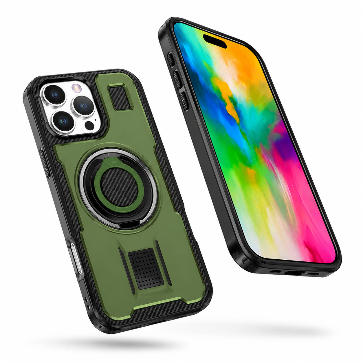 Green Ring Grip Stand Case for Apple iPhone 16 Pro Max side view
