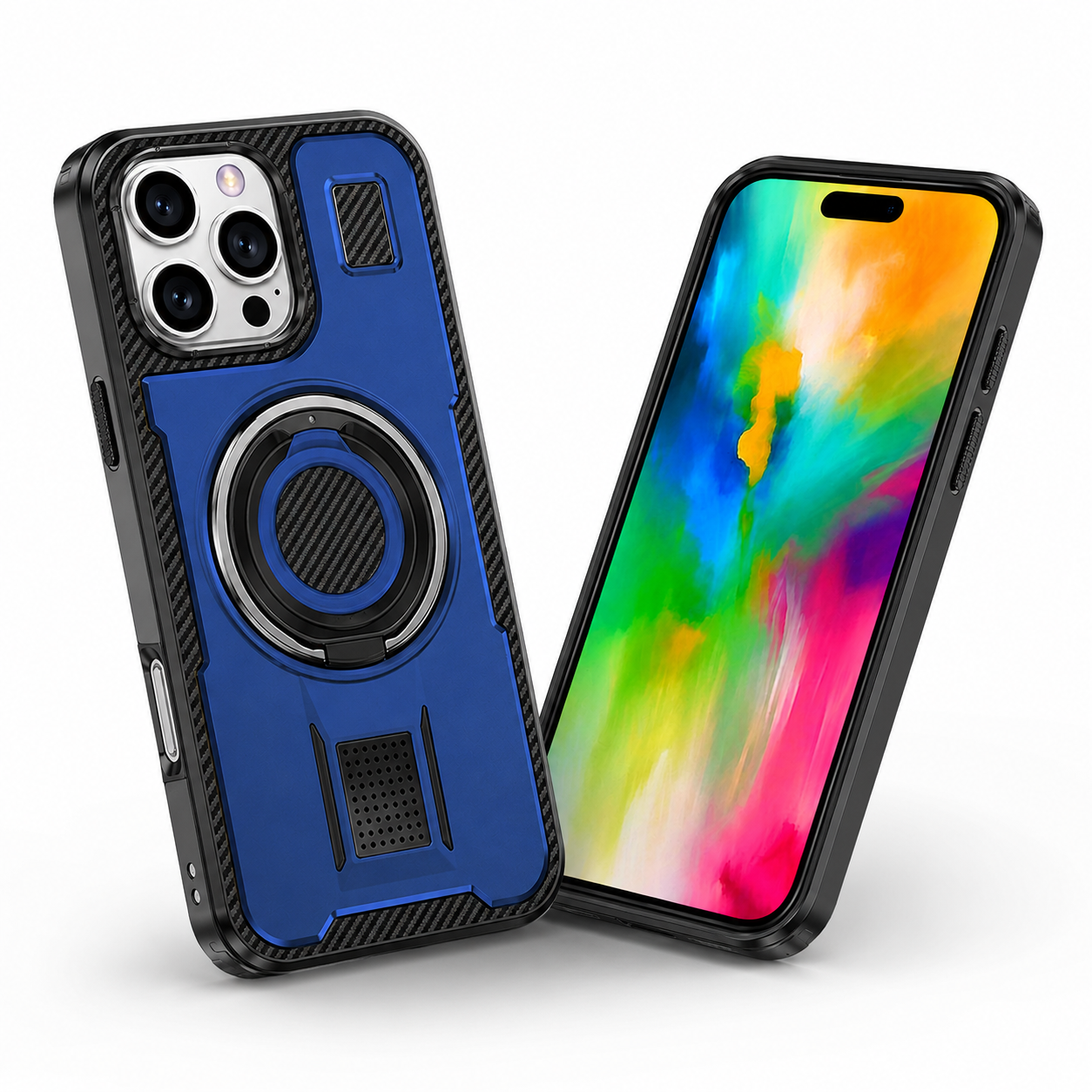 Blue Ring Grip Stand Case for Apple iPhone 16 Pro Max side view
