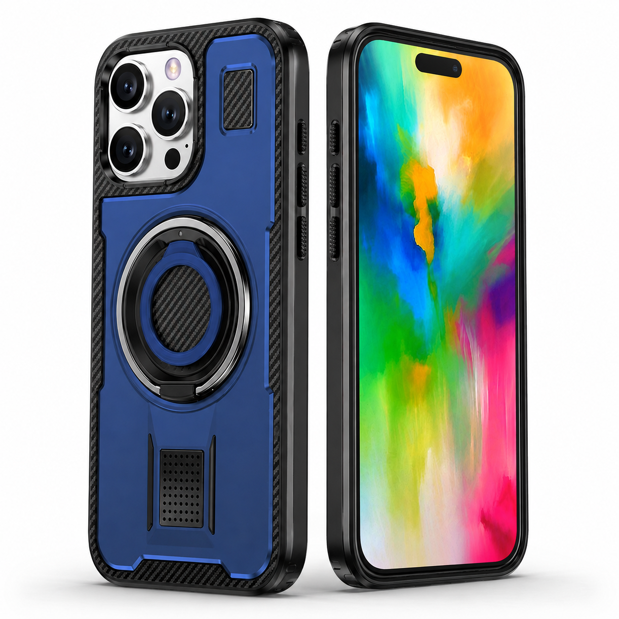 Apple iPhone 16 Pro Max Blue ring grip and stand case
