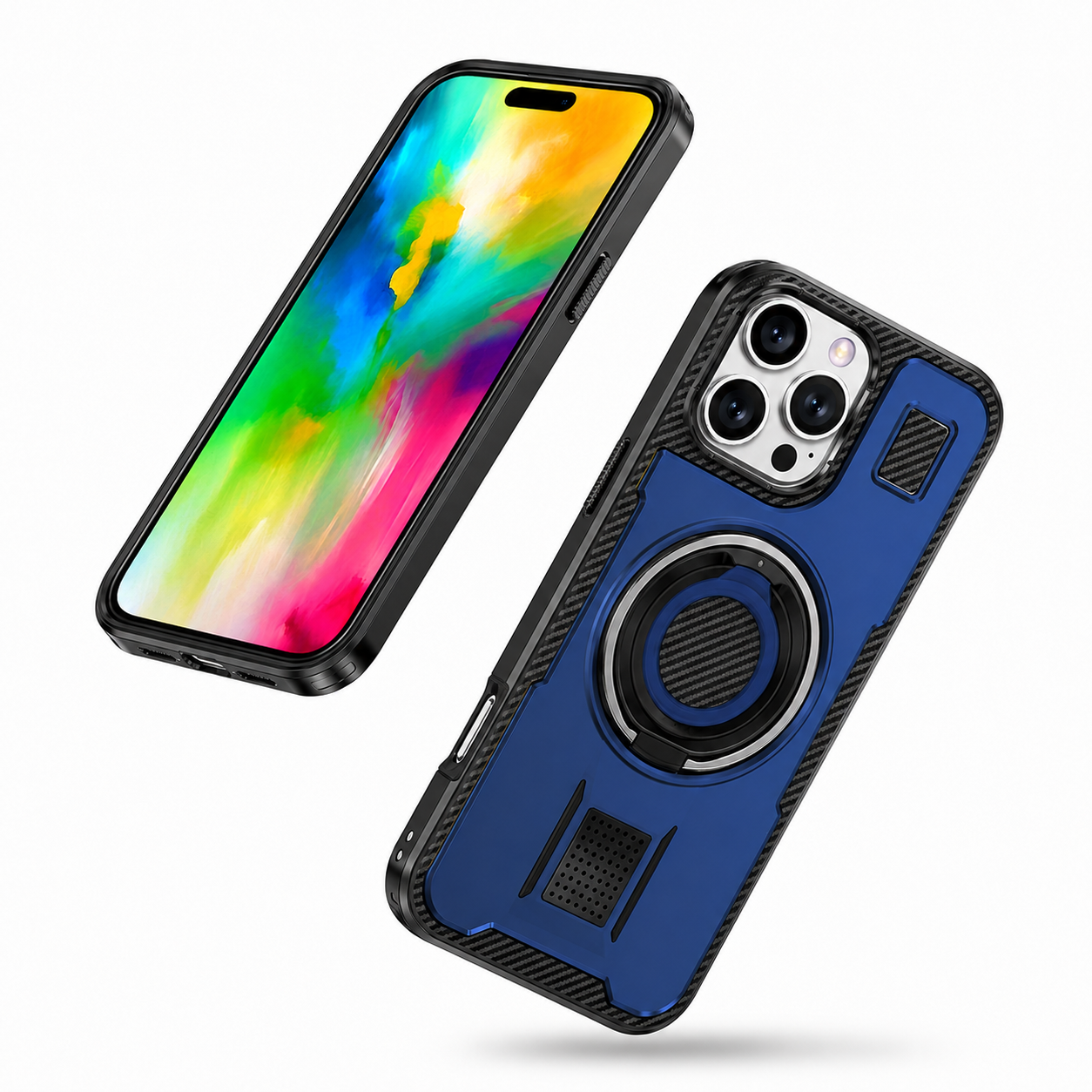 Blue phone case with ring holder stand for iPhone 16 Pro Max
