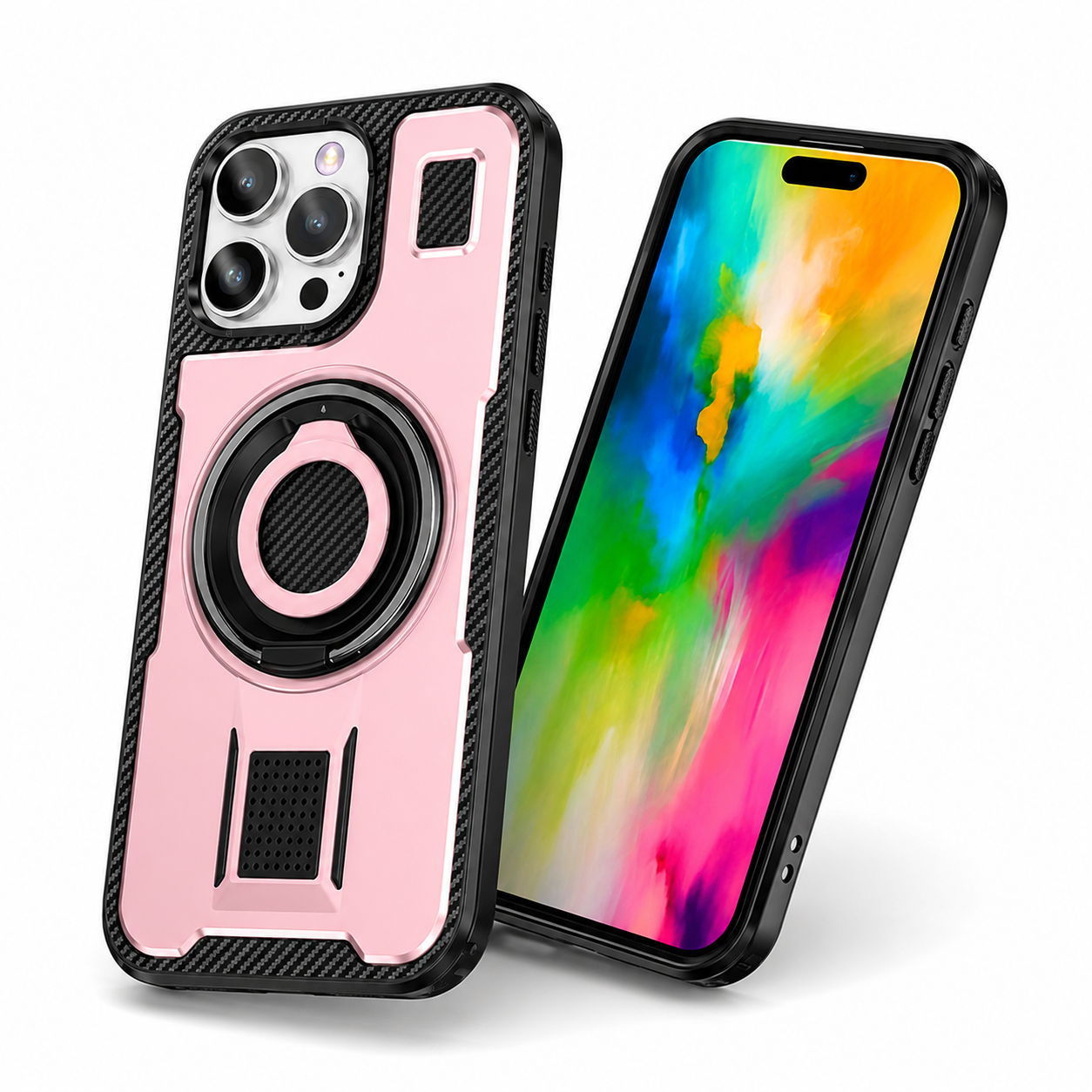Pink Ring Grip Stand Case for Apple iPhone 16 Pro Max side view
