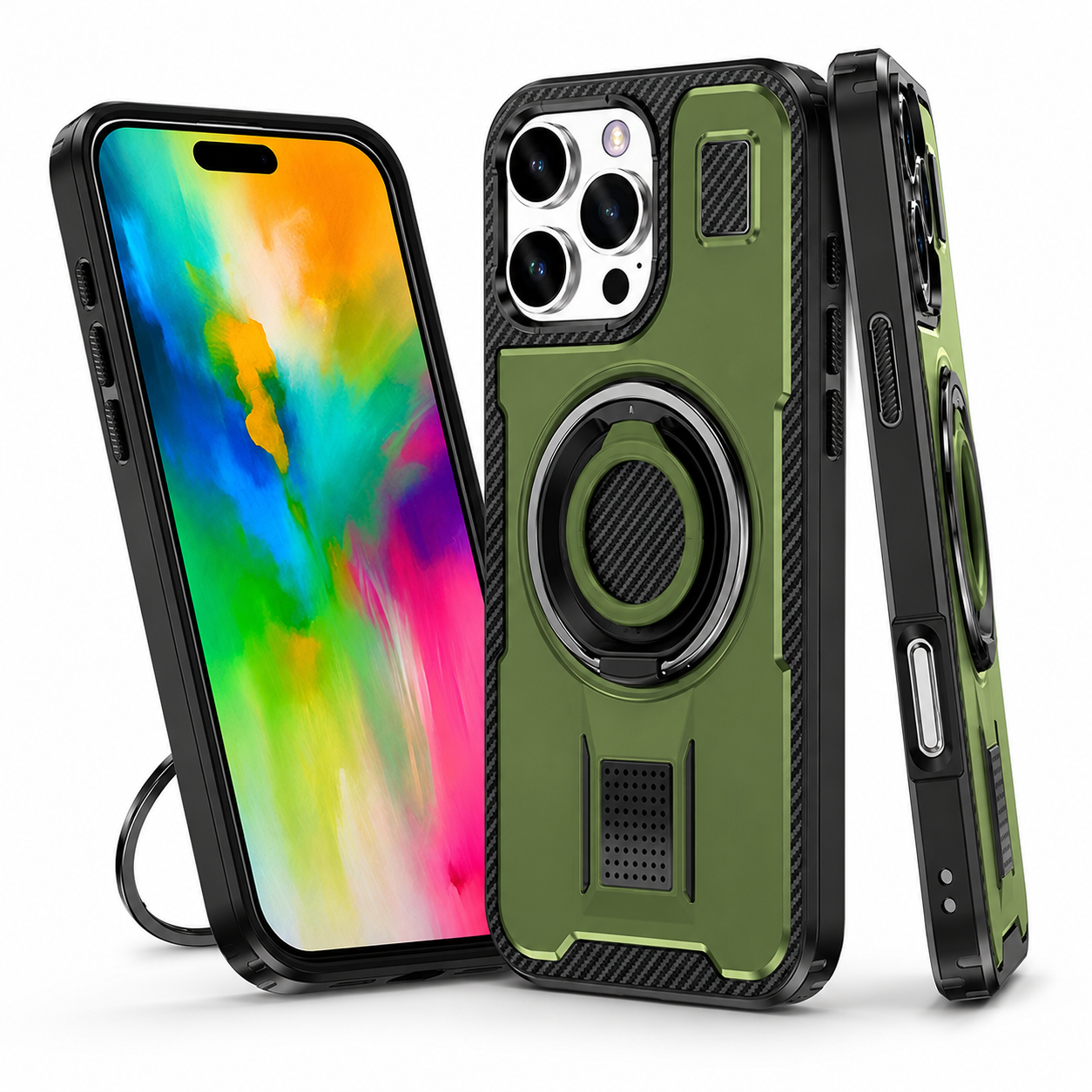 Green Ring Grip and Stand for Apple iPhone 16 Pro Max back view
