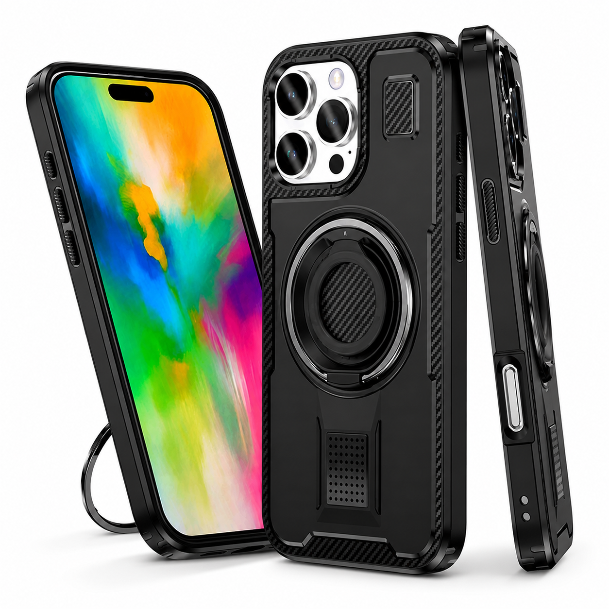 Black Ring Grip and Stand for Apple iPhone 16 Pro Max back view

