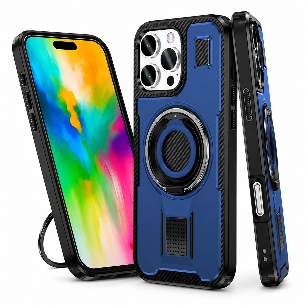 Blue Ring Grip and Stand for Apple iPhone 16 Pro Max back view
