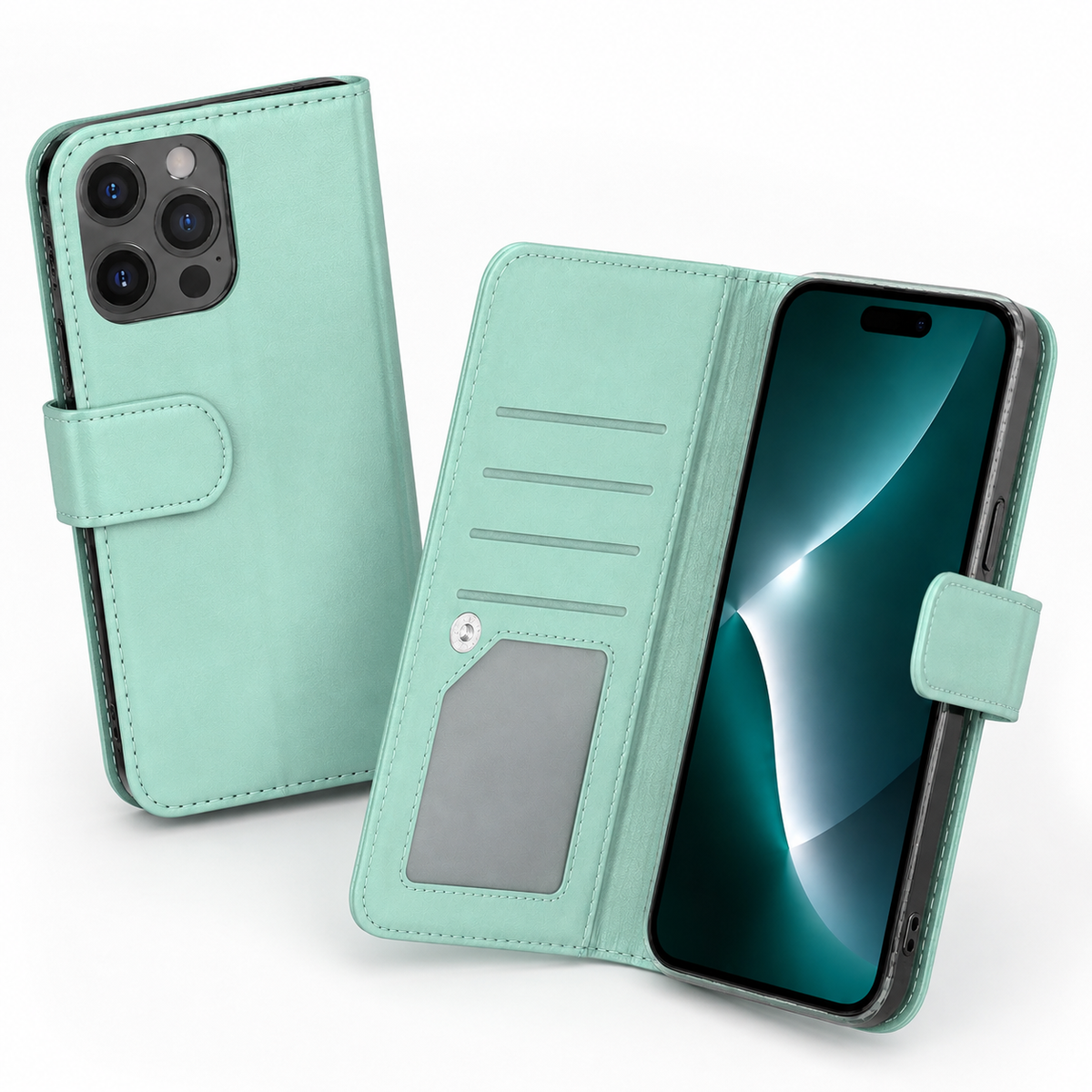 Bifold 9 Card detachable wallet for Apple iPhone 13 Pro Max - Teal - angled product view