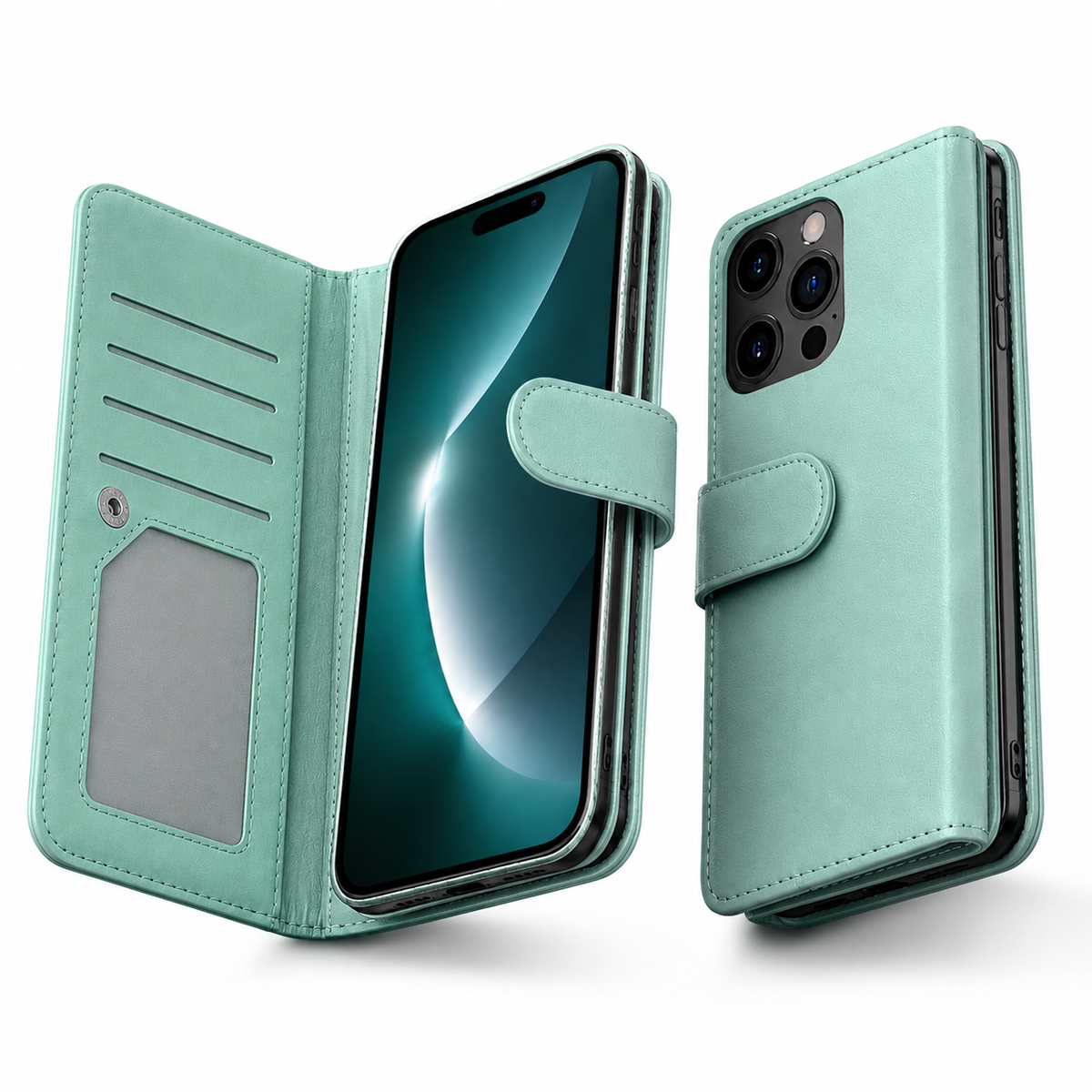 Bifold 9 Card detachable wallet for Apple iPhone 13 Pro Max - Teal - close-up design view