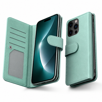 Bifold 9 Card detachable wallet for Apple iPhone 14 Pro Max - Teal - close-up design view