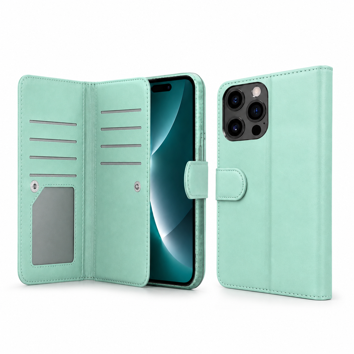 Bifold 9 Card detachable wallet for Apple iPhone 13 Pro Max - Teal - side profile product view