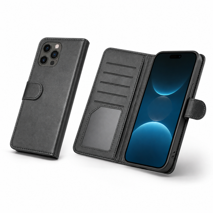 Bifold 9 Card detachable wallet for Apple iPhone 14 Pro - Black - angled product view