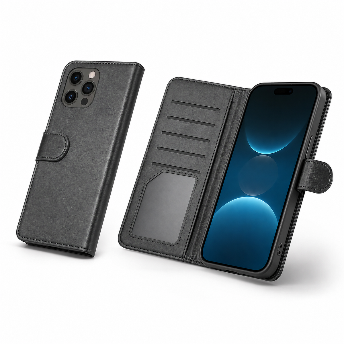 Bifold 9 Card detachable wallet for Apple iPhone 14 Pro Max - Black - angled product view