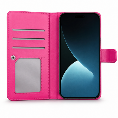 Bifold 9 Card detachable wallet for Apple iPhone 14 Pro Max - Hot Pink - angled product view