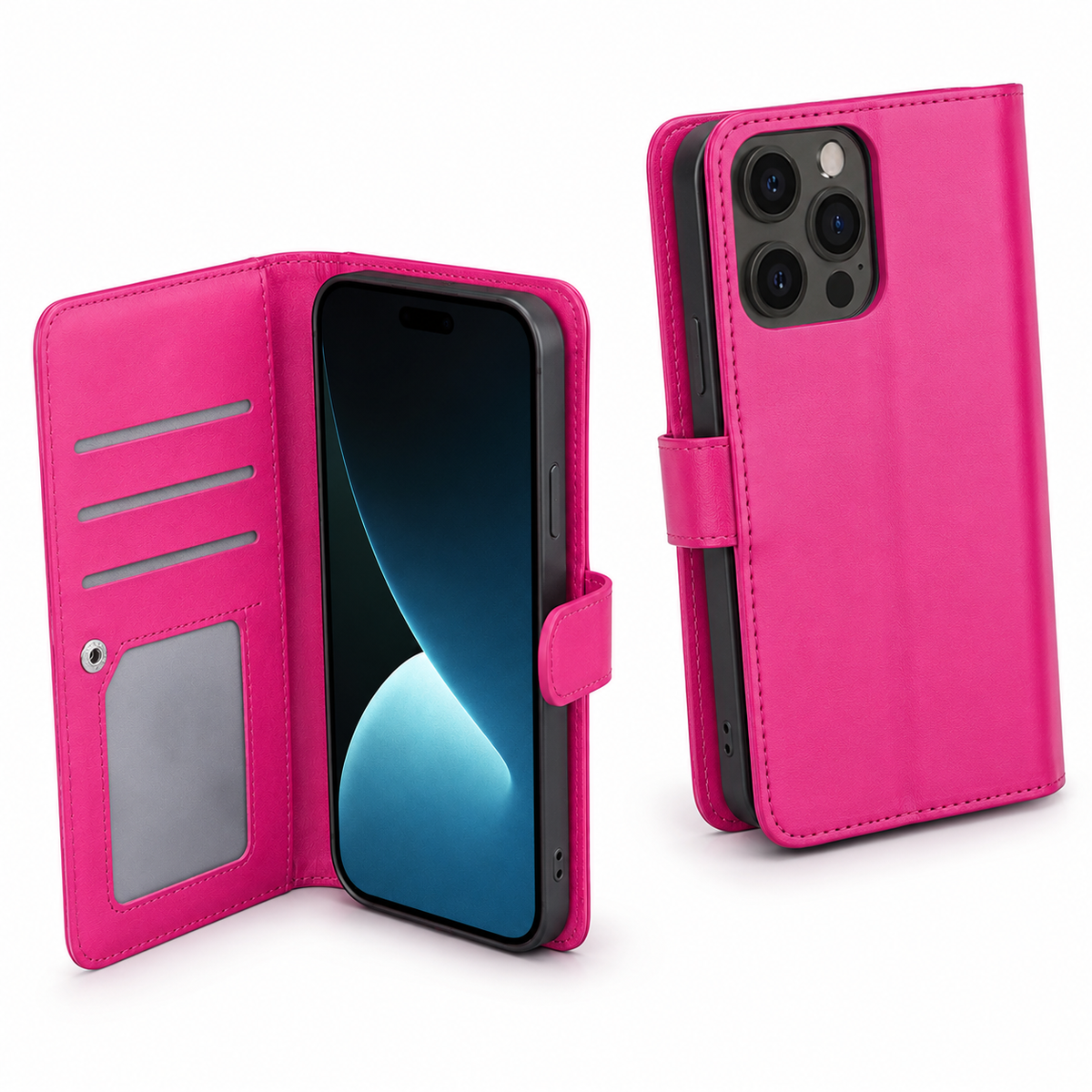 Bifold 9 Card detachable wallet for Apple iPhone 14 Pro - Hot Pink - side profile product view