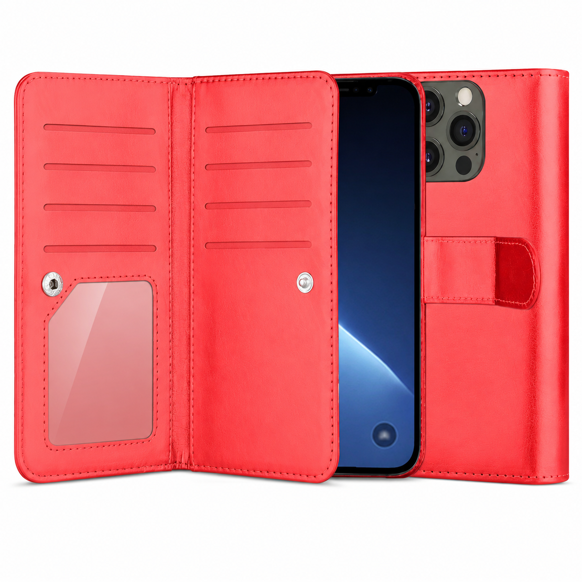 Bifold 9 Card detachable wallet for Apple iPhone 13 Pro Max - Red - angled product view