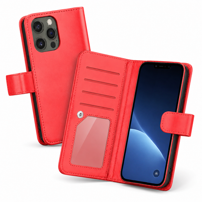 Bifold 9 Card detachable wallet for Apple iPhone 14 Pro Max - Red - close-up design view