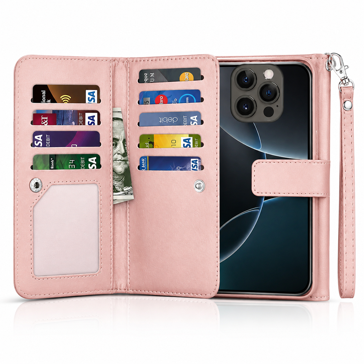 Bifold 9 Card detachable wallet for Apple iPhone 14 Pro - Rose Gold - angled product view