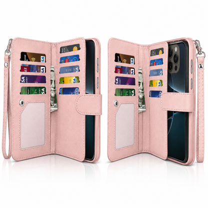 Bifold 9 Card detachable wallet for Apple iPhone 13 Pro Max - Rose Gold - close-up design view