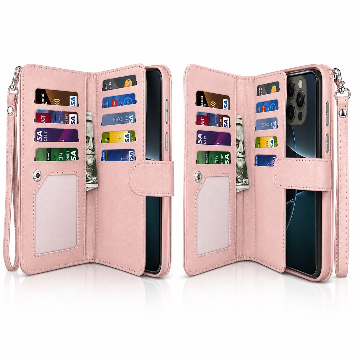 Bifold 9 Card detachable wallet for Apple iPhone 14 Pro - Rose Gold - close-up design view