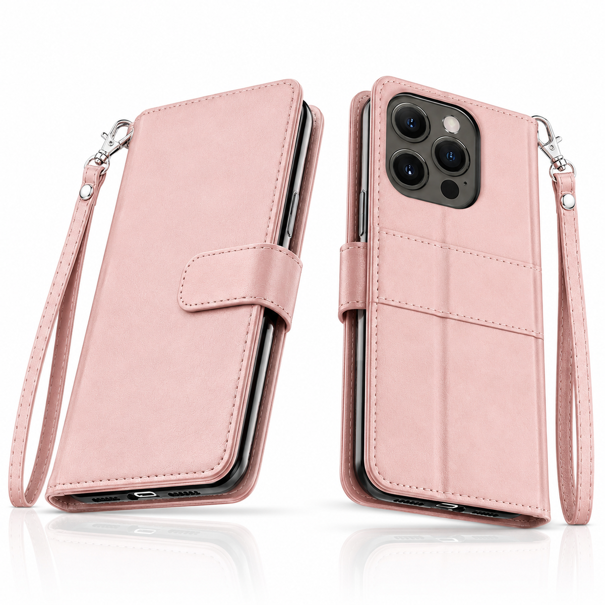 Bifold 9 Card detachable wallet for Apple iPhone 14 Pro - Rose Gold - side profile product view