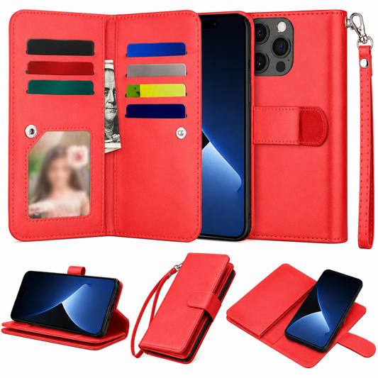 Bifold 9 Card detachable wallet for Apple iPhone 15 Pro Max - Red - main product view