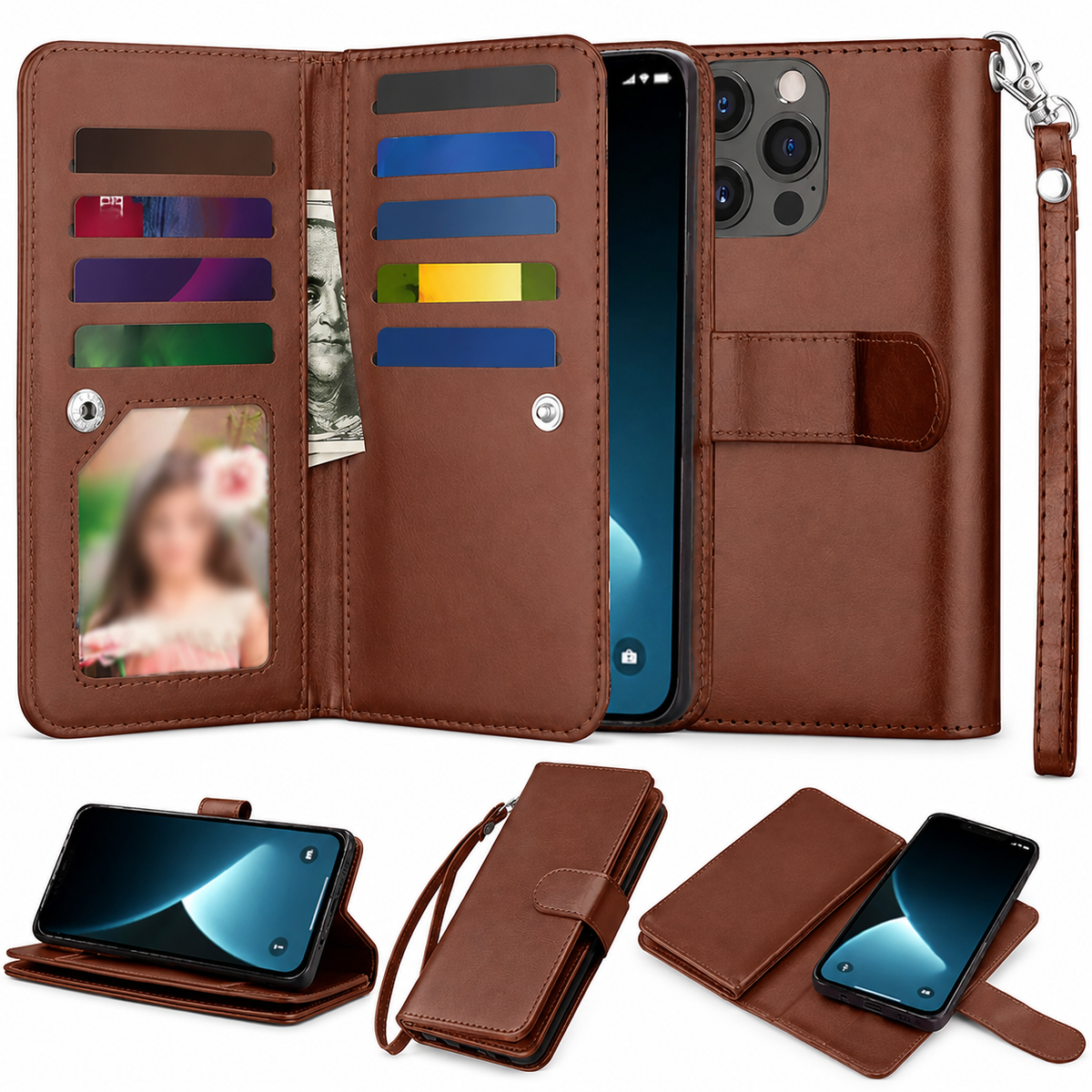 Bifold 9 Card detachable wallet for Apple iPhone 16 Pro Max - Brown