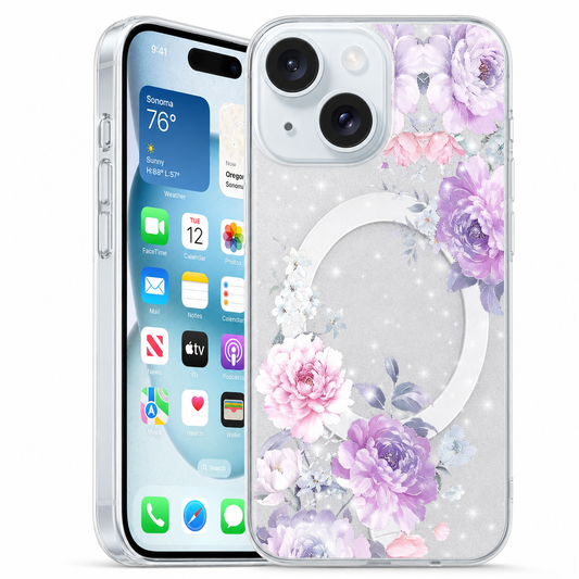 Frosted MagSafe Floral Case for Apple iPhone 15 - Purple Flowers – stylish protective mobile phone cover