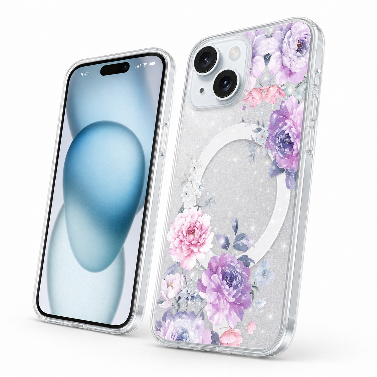 Frosted MagSafe Floral Case for Apple iPhone 15 - Purple Flowers – anti-scratch smartphone case