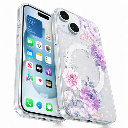 Frosted MagSafe Floral Case for Apple iPhone 13 - Purple Flowers