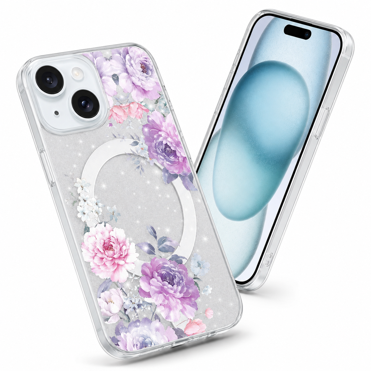Frosted MagSafe Floral Case for Apple iPhone 14 - Purple Flowers
