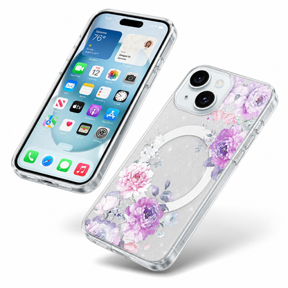 Frosted MagSafe Floral Case for Apple iPhone 14 - Purple Flowers