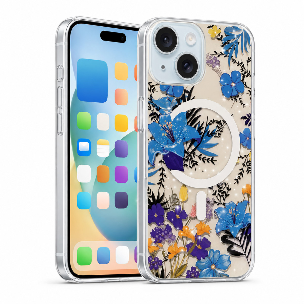 Frosted MagSafe Floral Case for Apple iPhone 13 - Blue Flowes