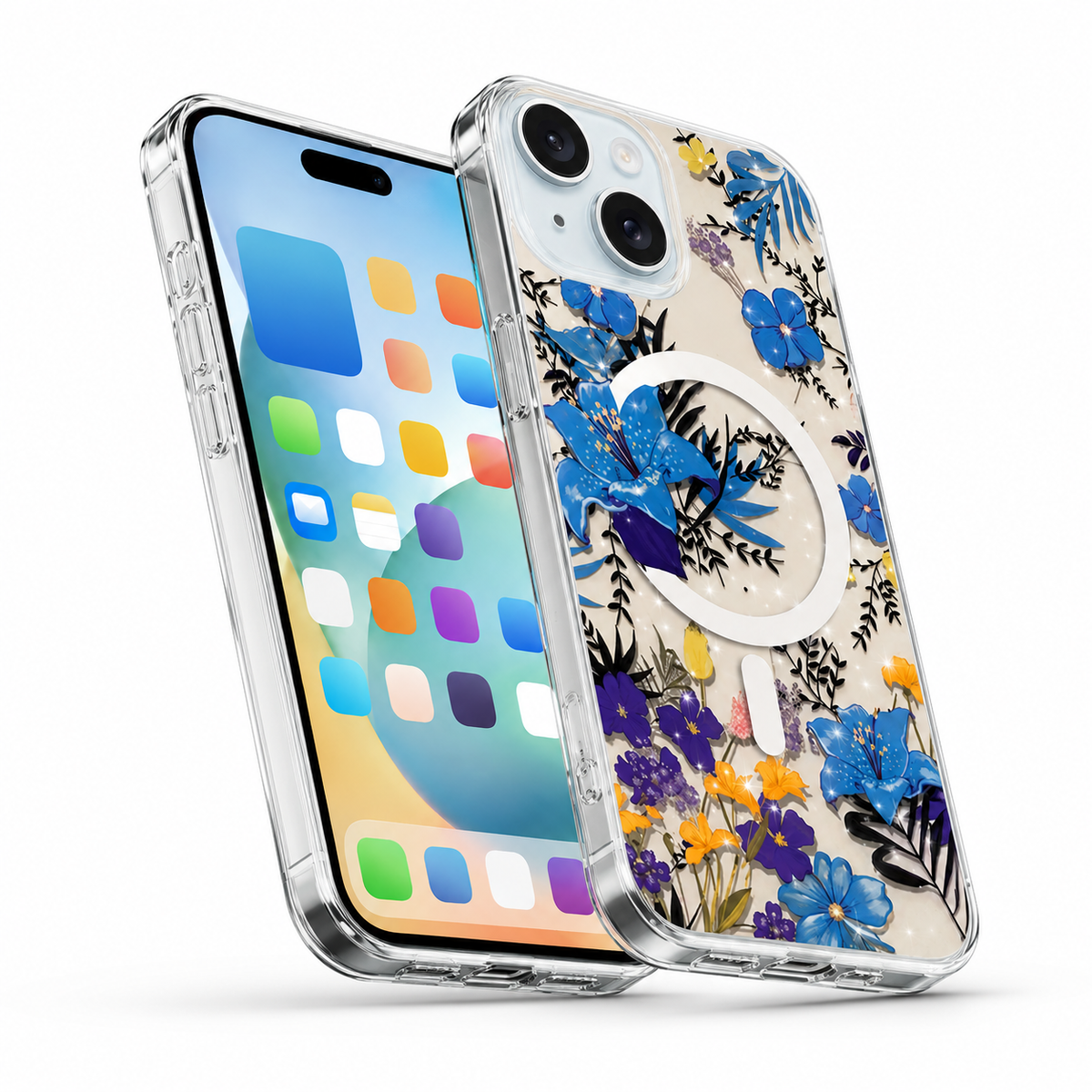 Frosted MagSafe Floral Case for Apple iPhone 13 - Blue Flowes