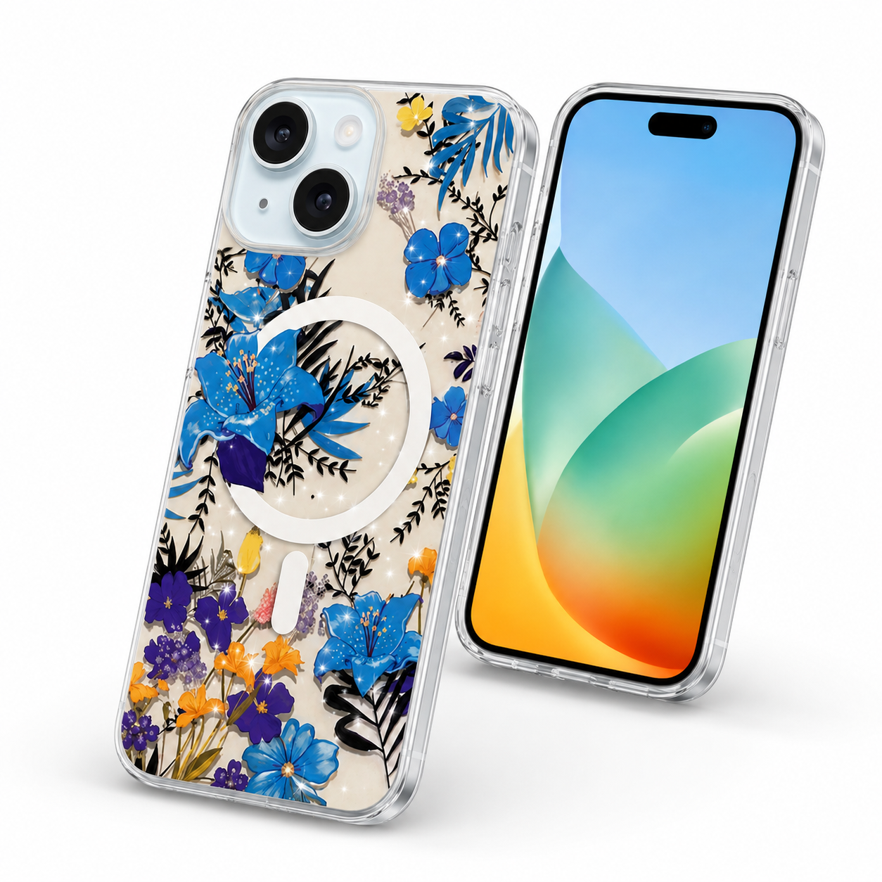 Frosted MagSafe Floral Case for Apple iPhone 14 - Blue Flowes
