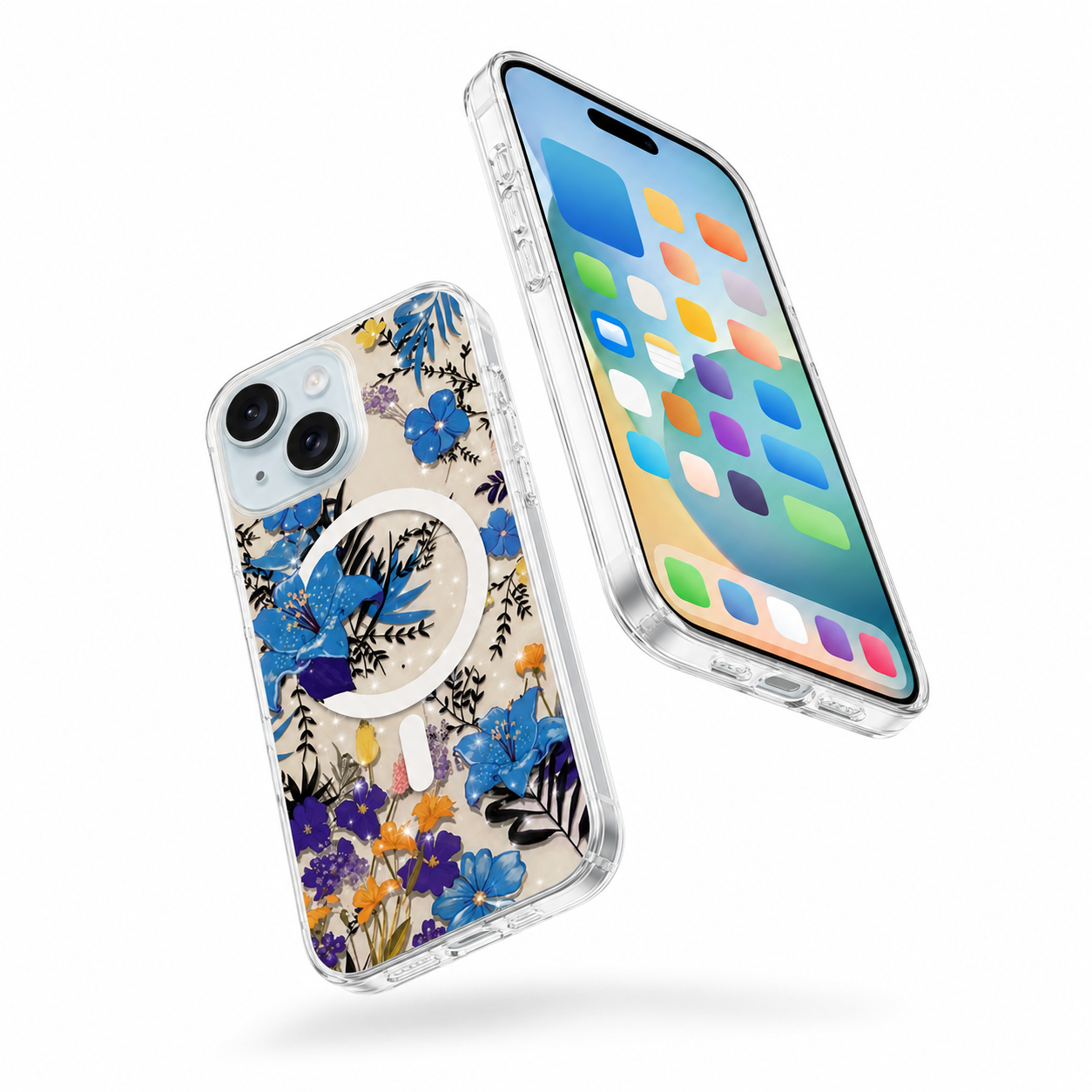Frosted MagSafe Floral Case for Apple iPhone 14 - Blue Flowes