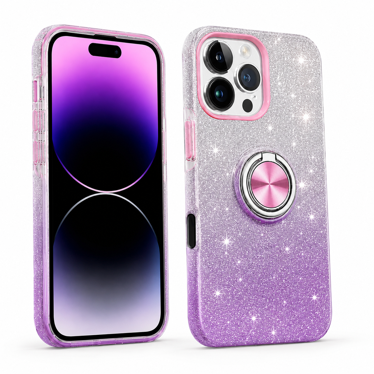 3-in-1 Glitter Ring Case for Apple iPhone 16 Pro Max - Purple / Silver