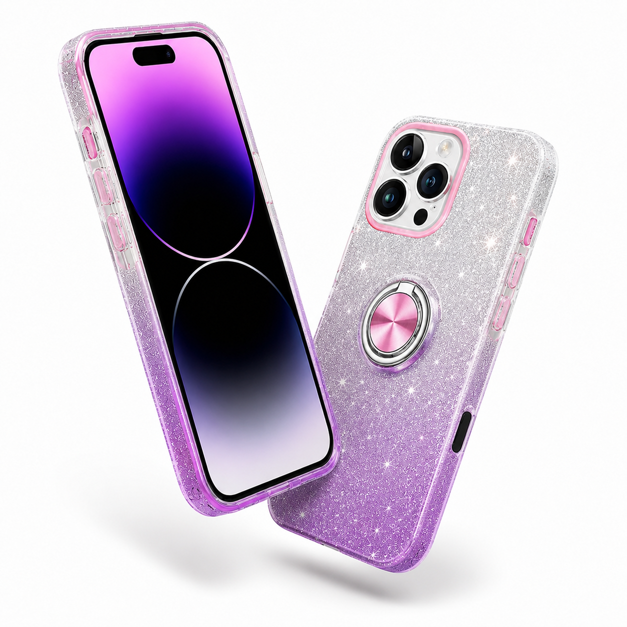 3-in-1 Glitter Ring Case for Apple iPhone 16 Pro Max - Purple / Silver