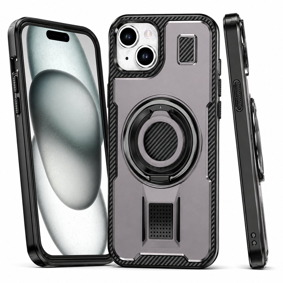 Metallic Ring Grip Stand Case for Apple iPhone 14 - Grey