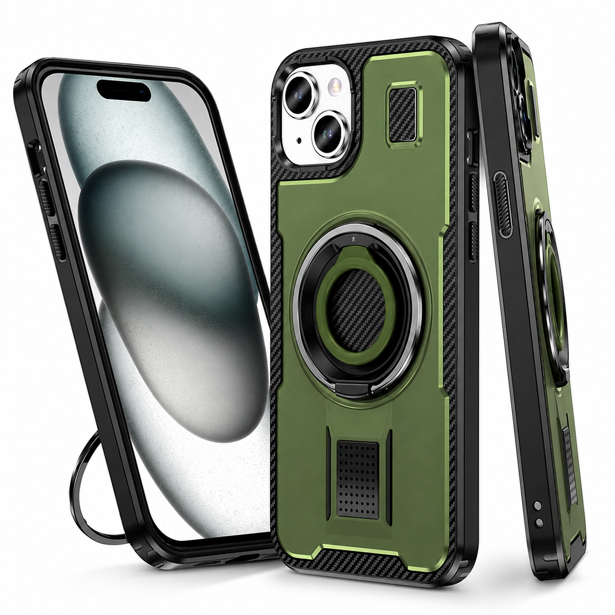 Metallic Ring Grip Stand Case for Apple iPhone 13 - Green