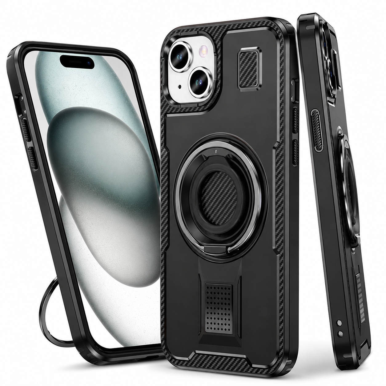 Metallic Ring Grip Stand Case for Apple iPhone 13 - Black