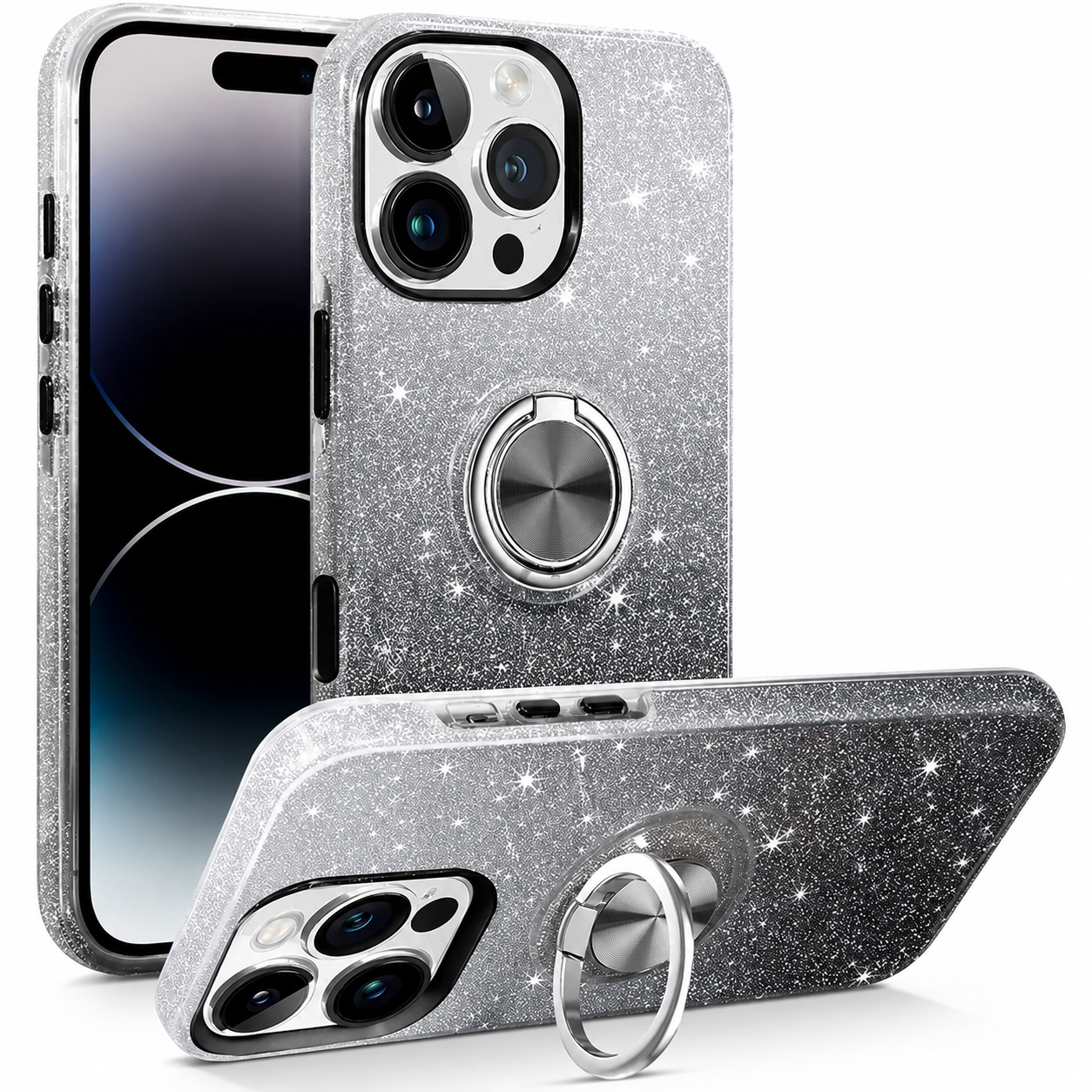 3-in-1 Glitter Ring Case for Apple iPhone 16 Pro Max - Black Silver