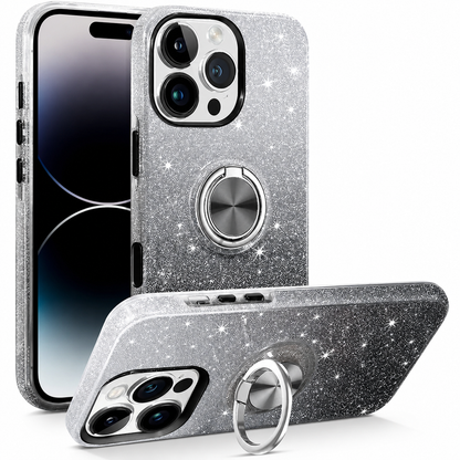 3-in-1 Glitter Ring Case for Apple iPhone 16 Pro Max - Black Silver