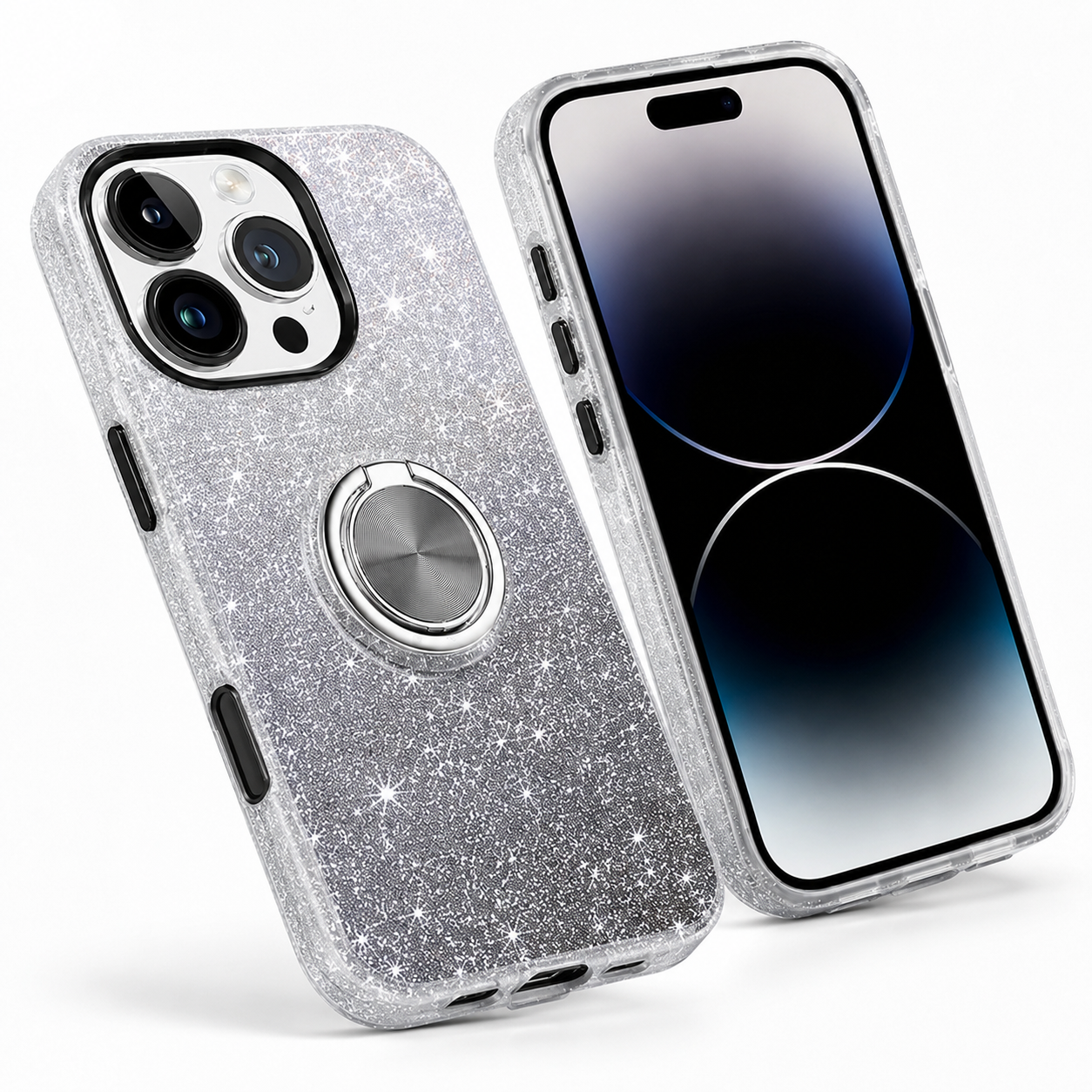 3-in-1 Glitter Ring Case for Apple iPhone 16 Pro Max - Black Silver