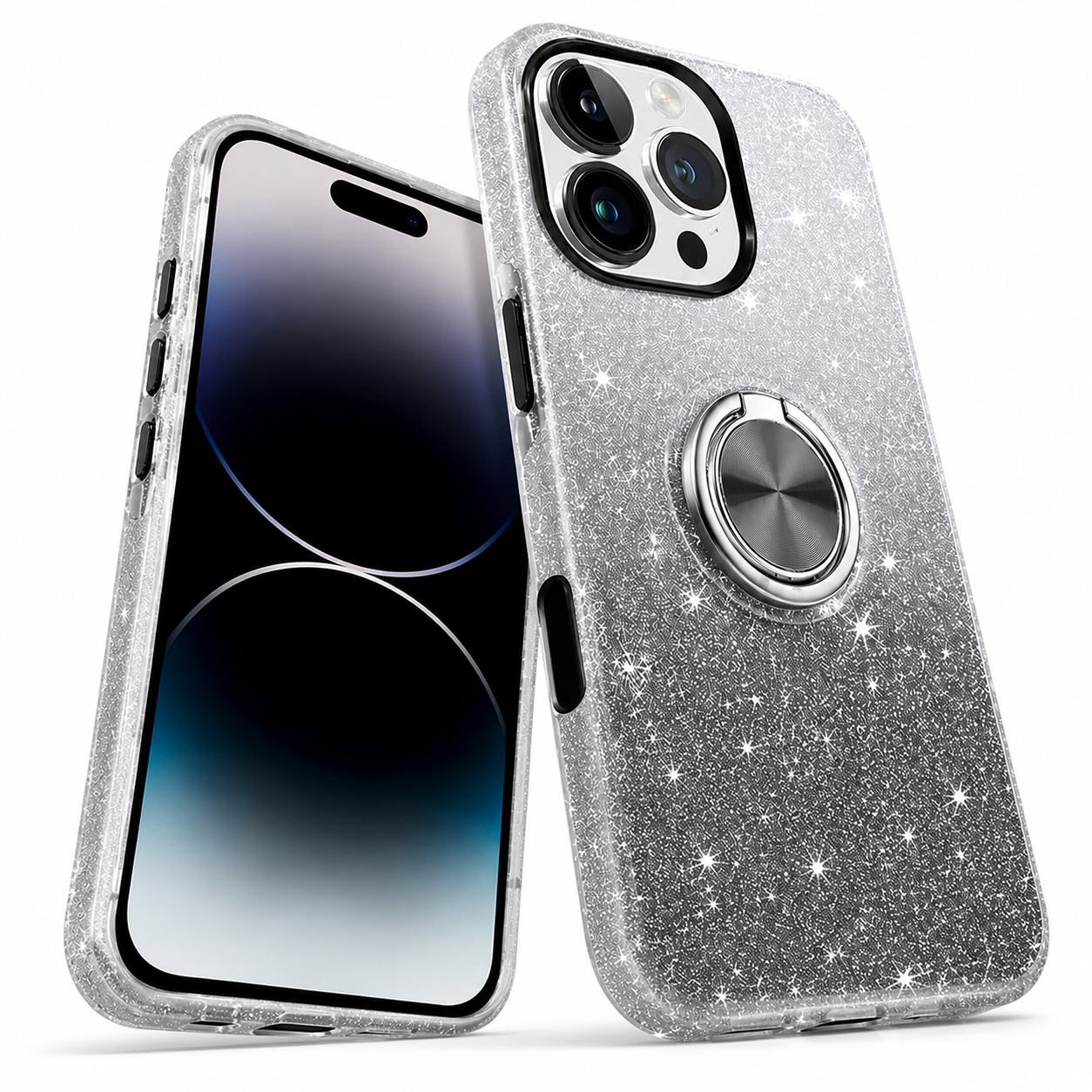 3-in-1 Glitter Ring Case for Apple iPhone 16 Pro Max - Black Silver
